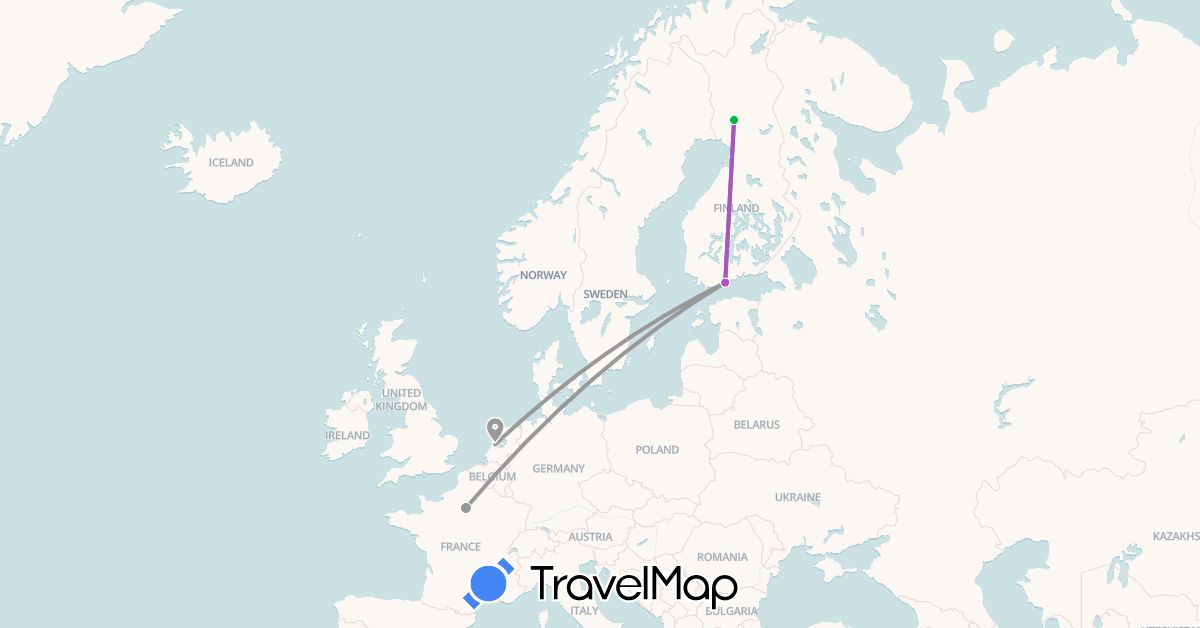 TravelMap itinerary: driving, bus, plane, train in Finland, France, Netherlands (Europe)